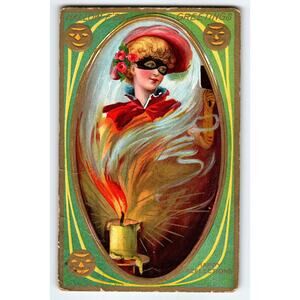 Vintage 1910 Halloween Greetings Divided Back Postcard Masked Lady Embossed